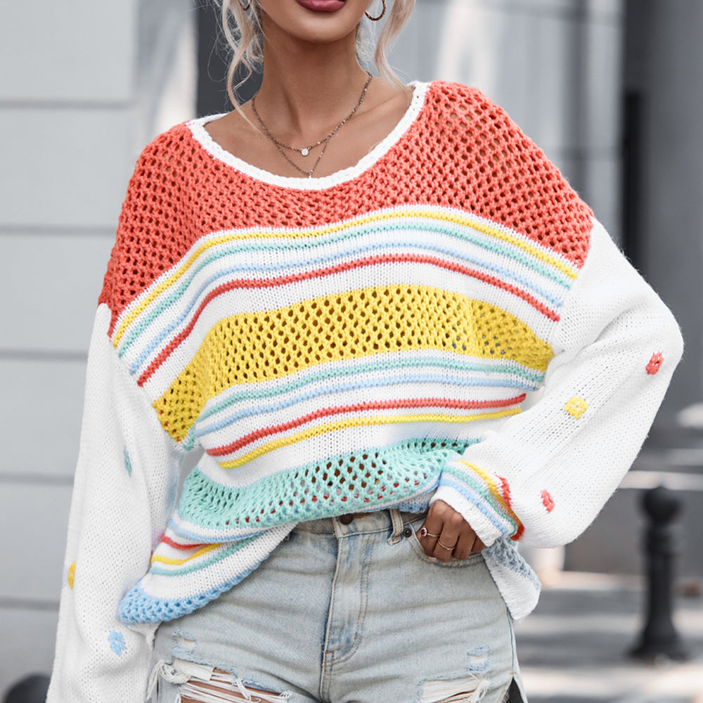 Openwork Striped Round Neck Long Sleeve Sweater