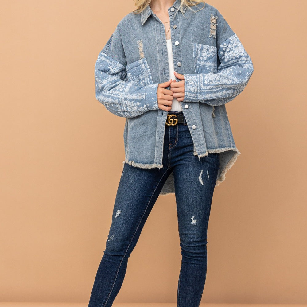 
                      
                        Paisley Print Quilted Sleeves Denim Jacket
                      
                    