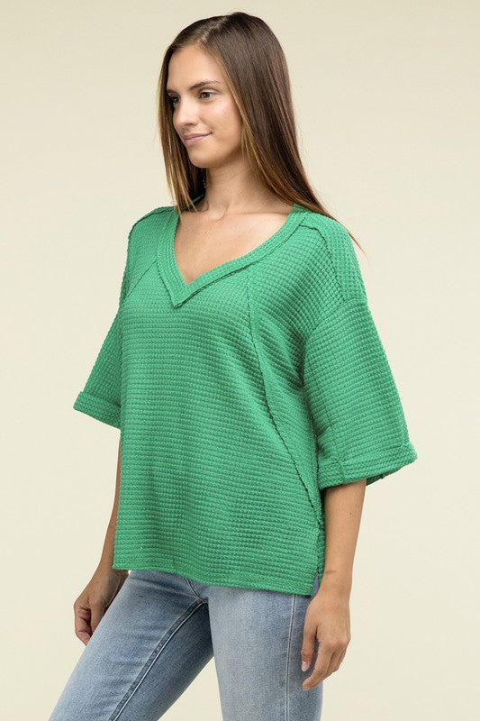 
                      
                        Brushed Waffle Exposed-Seam 3/4 Sleeve Top
                      
                    