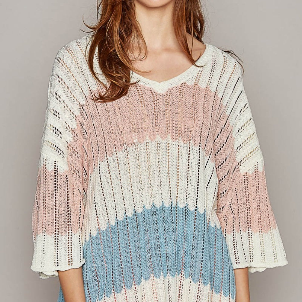 V-Neck Short Sleeve Stripe Weave Sweater