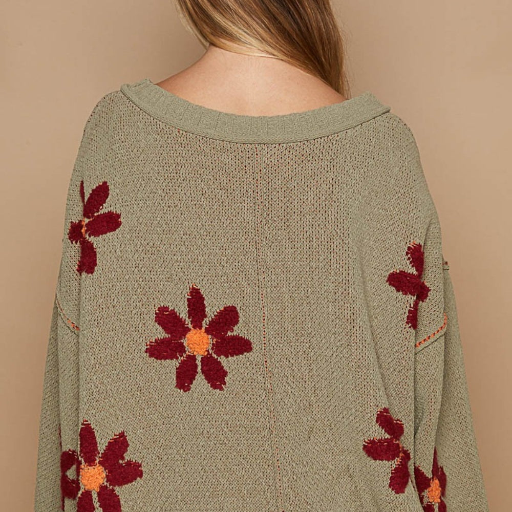 V-Neck Floral Pattern Chenille Sweater