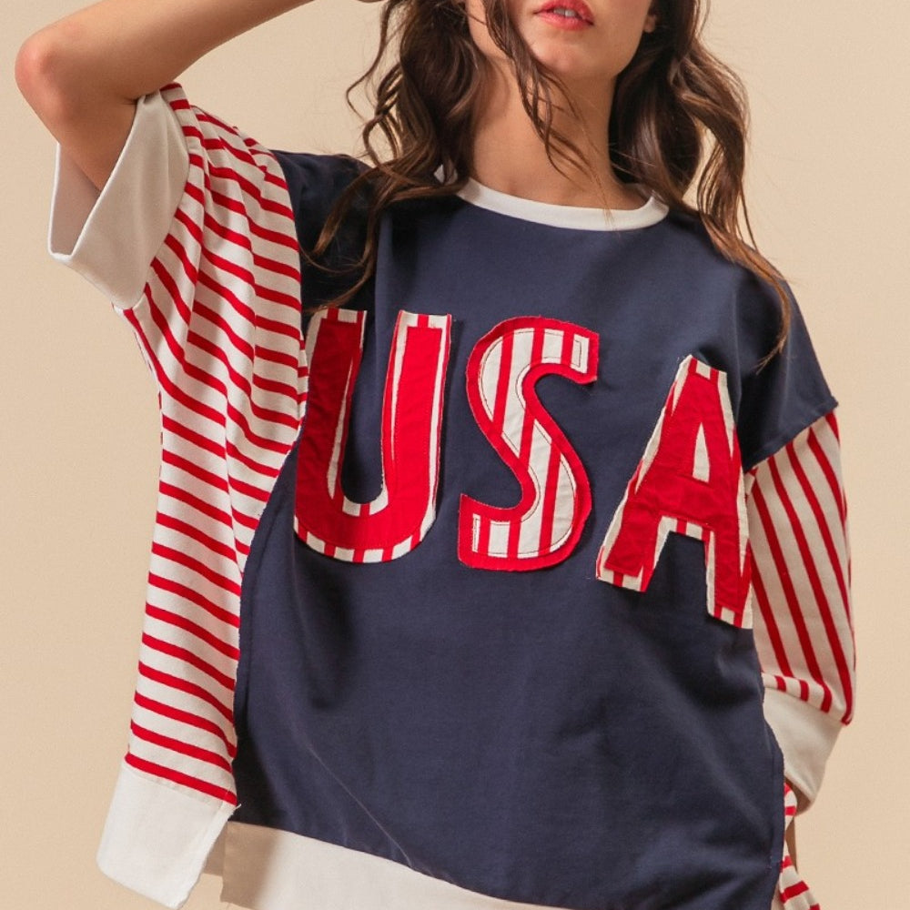 USA Letter Patchwork Contrast Short Sleeve T-Shirt