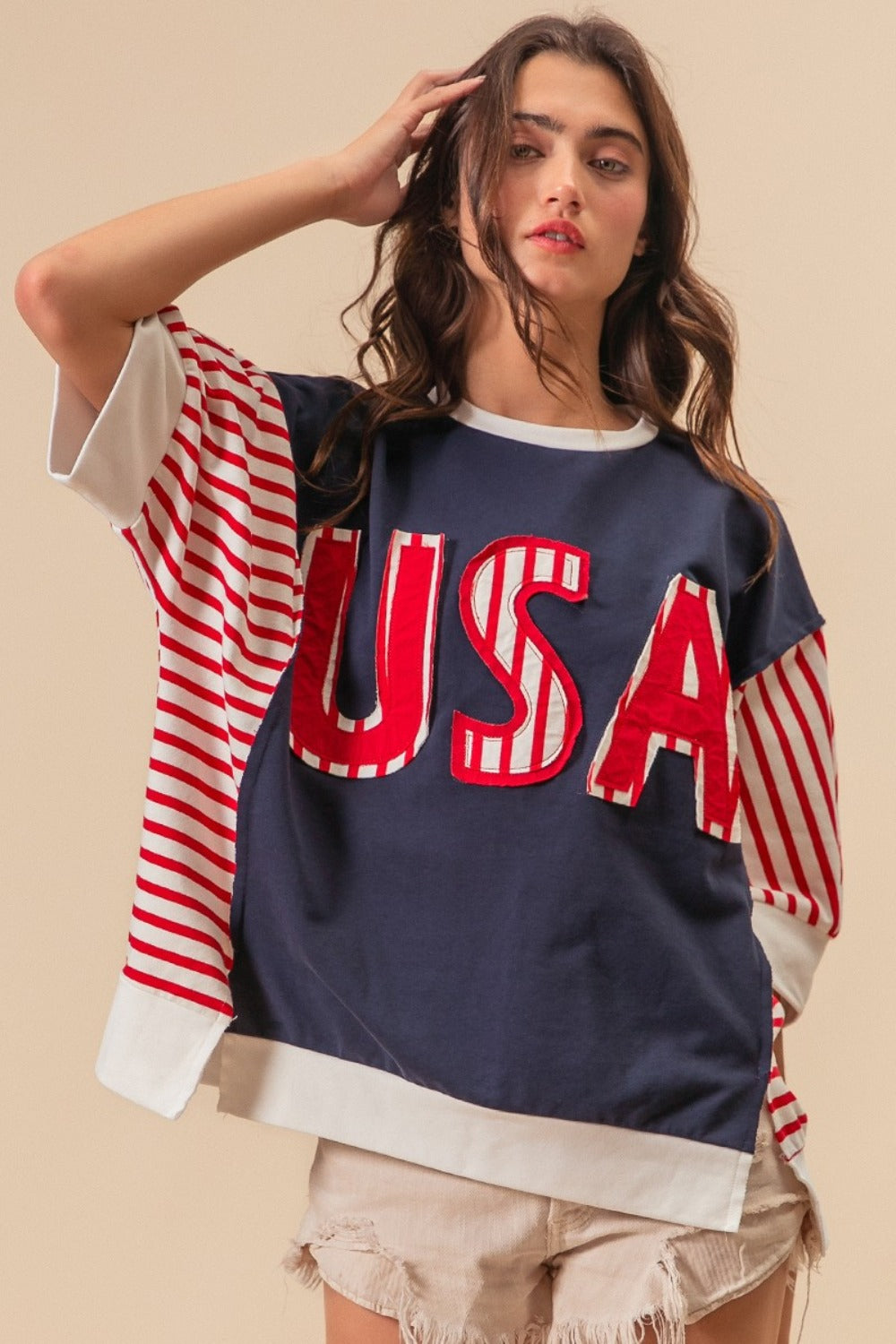 USA Letter Patchwork Contrast Short Sleeve T-Shirt