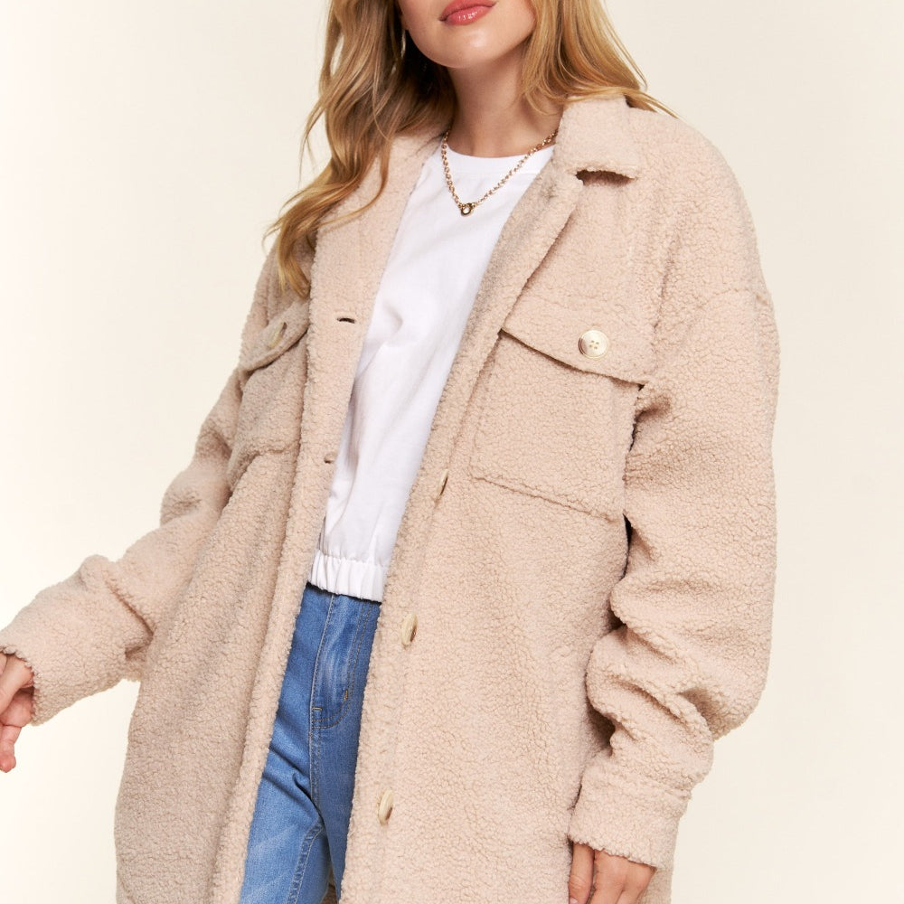 Teddy Sherpa Button Down Curved Hem Shacket