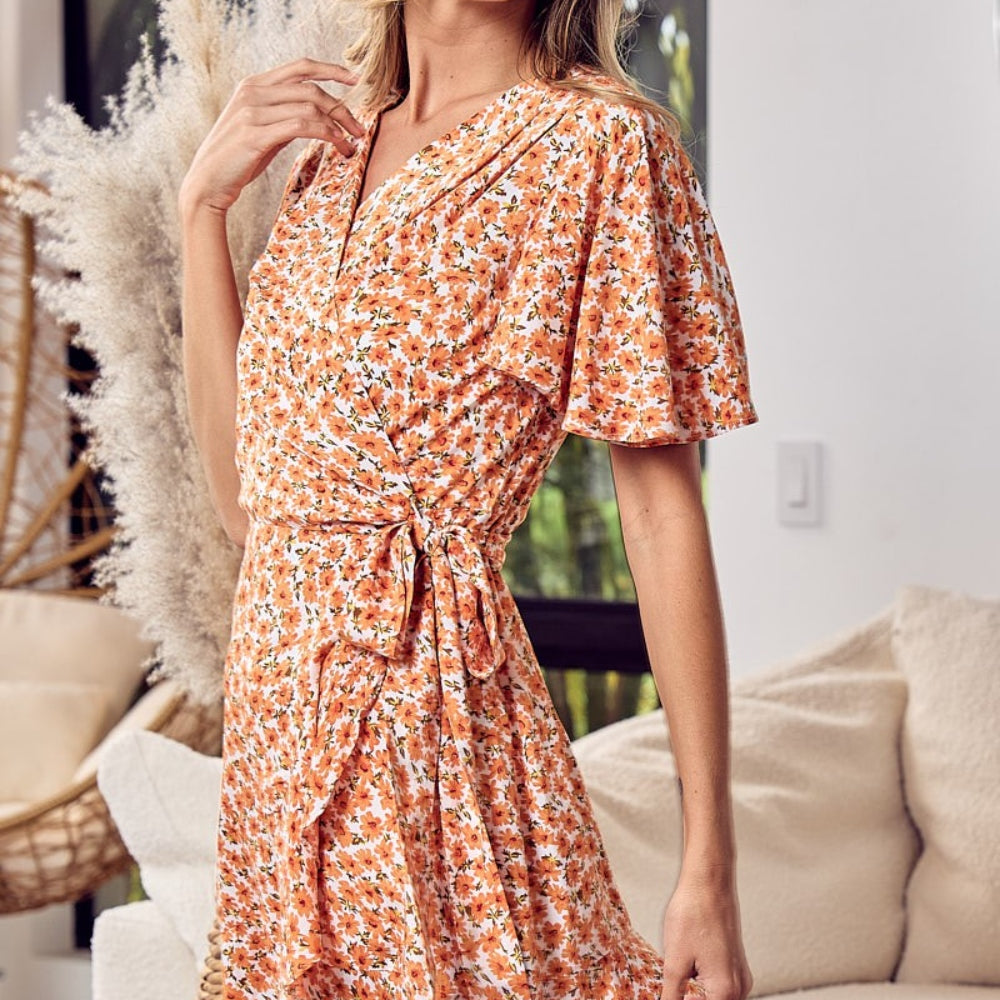 Floral Tied Short Sleeve Mini Wrap Dress