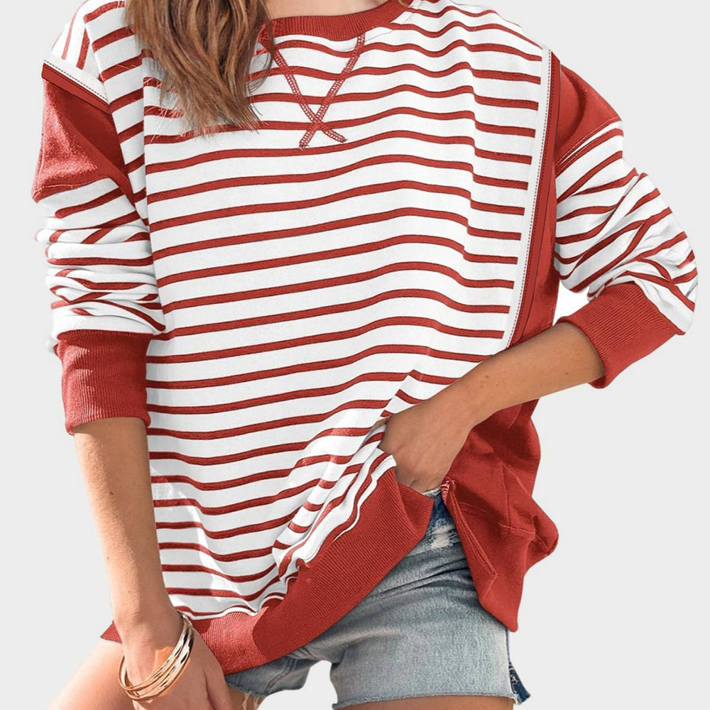 
                      
                        Slit Exposed Seam Striped Long Sleeve Sweatshirt
                      
                    