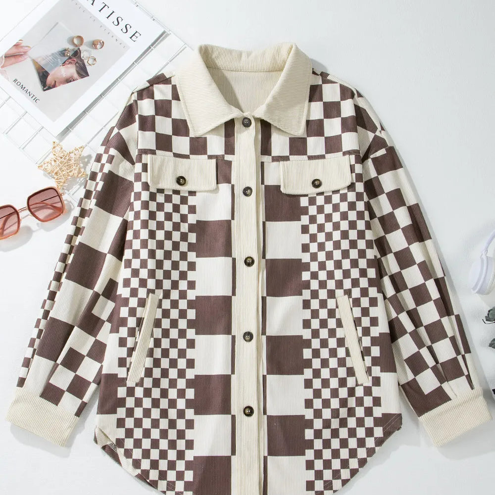 
                      
                        Pocketed Checkered Button Up Long Sleeve Jacket
                      
                    