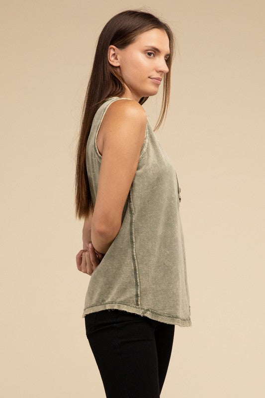 
                      
                        Washed Half-Button Raw Edge Sleeveless Henley Top
                      
                    