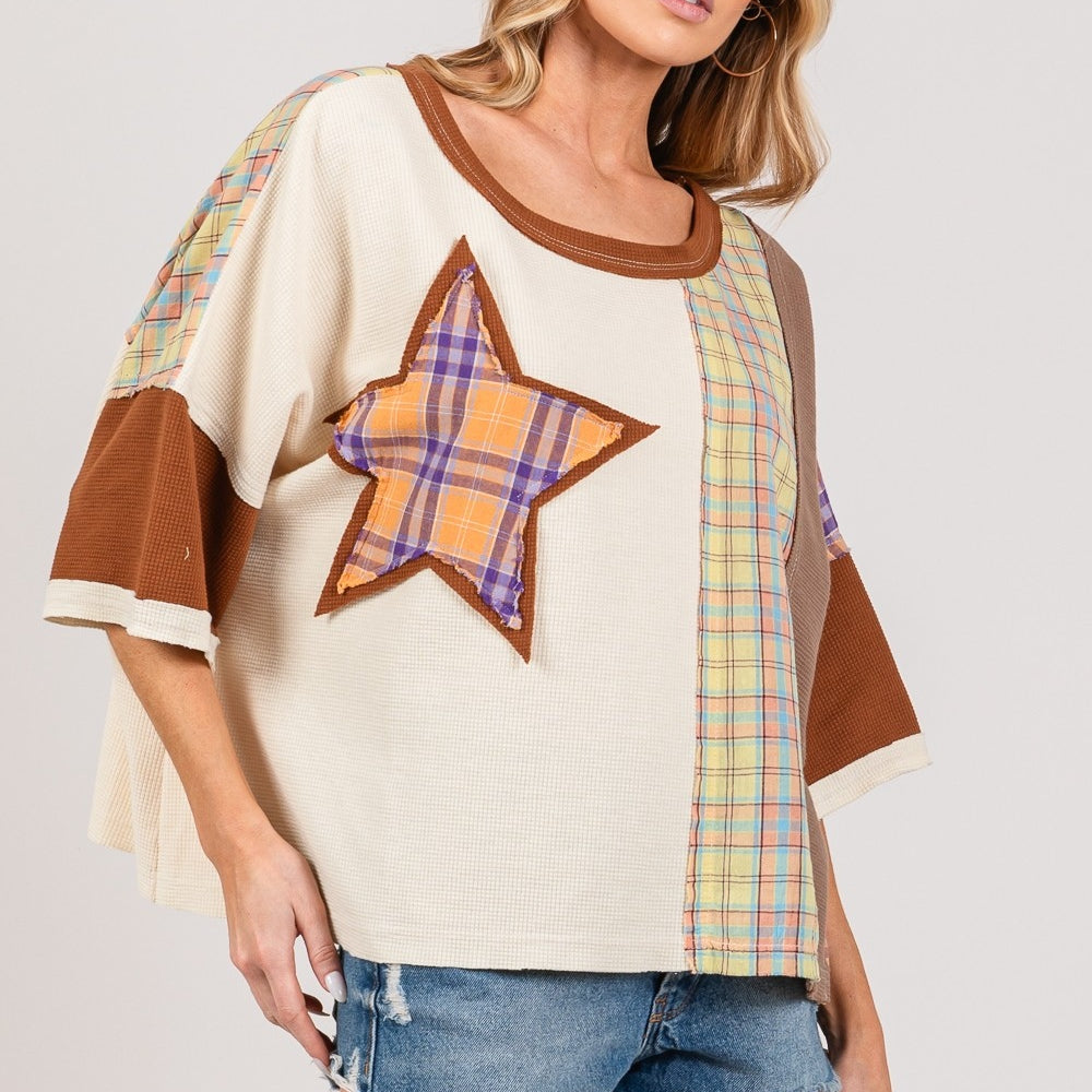 
                      
                        Round Neck Plaid Star Patch T-Shirt
                      
                    