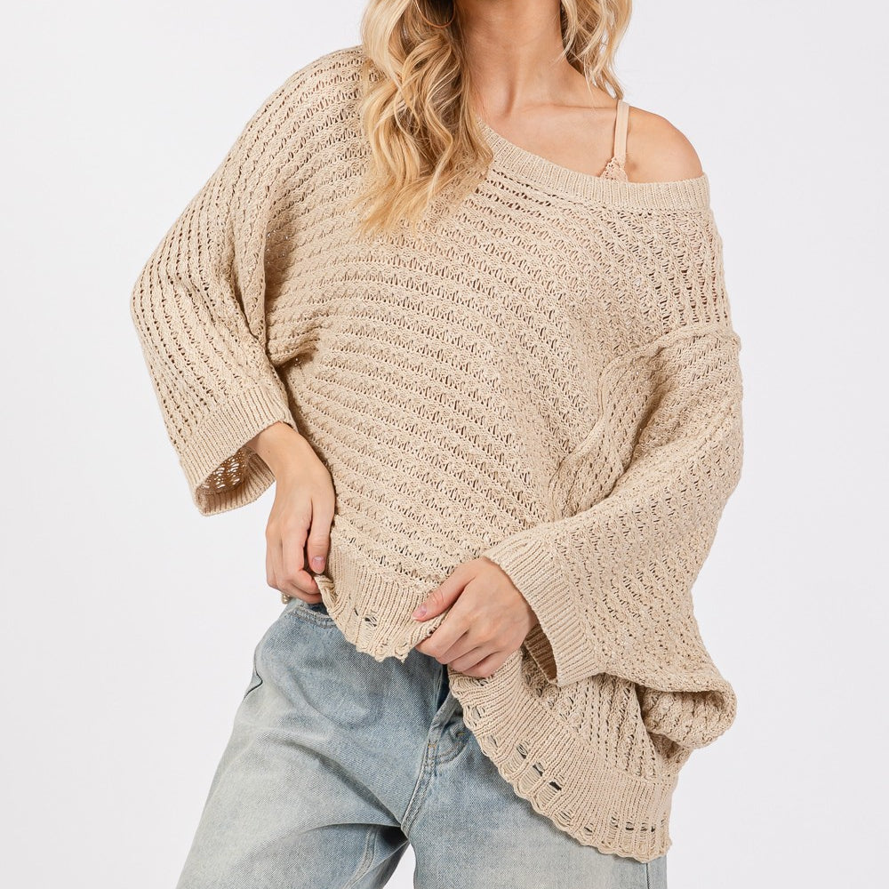 
                      
                        Distressed Asymmetrical Open Stitch Sweater
                      
                    