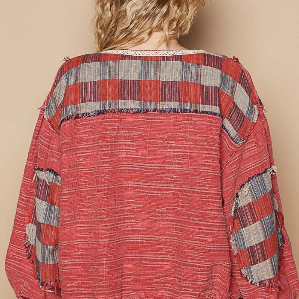 Round Neck Long Sleeve Plaid Shirt