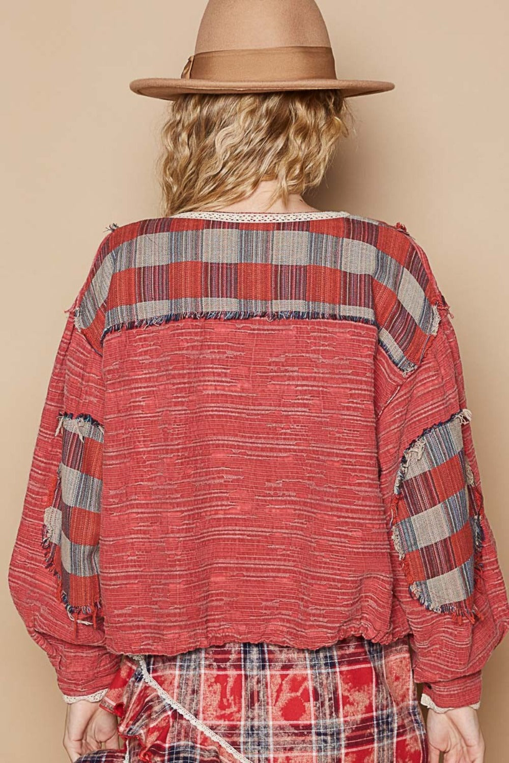 Round Neck Long Sleeve Plaid Shirt