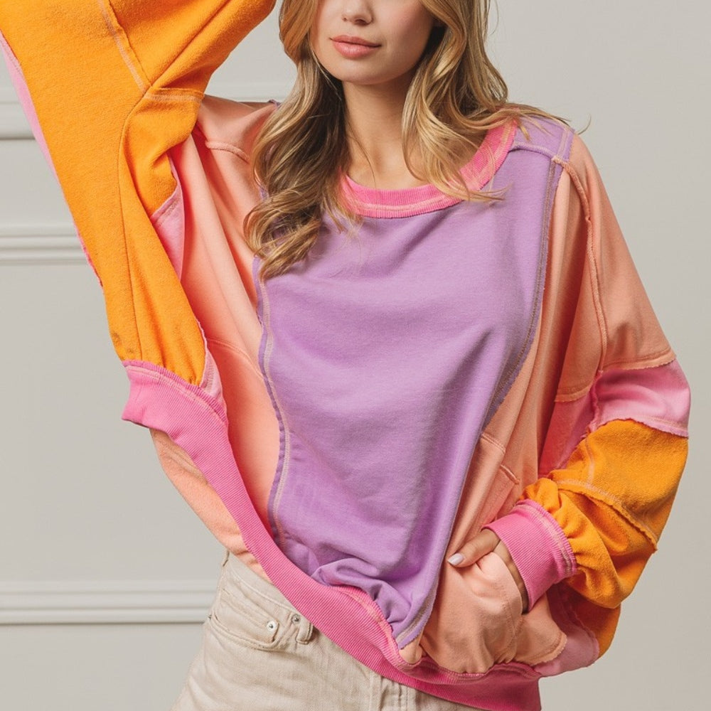 Color Block Exposed Seam Sweatshirt with Pockets