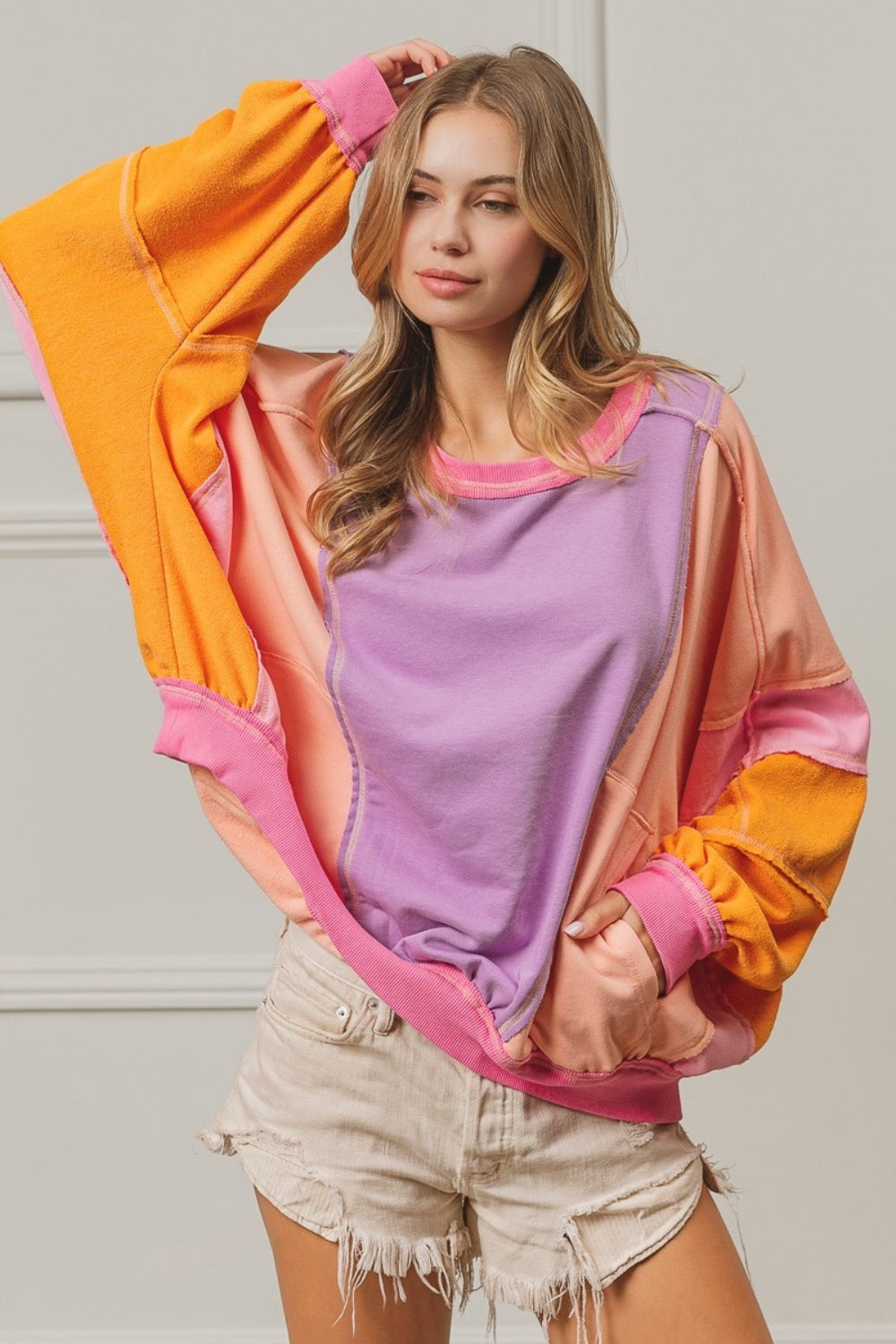 Color Block Exposed Seam Sweatshirt with Pockets