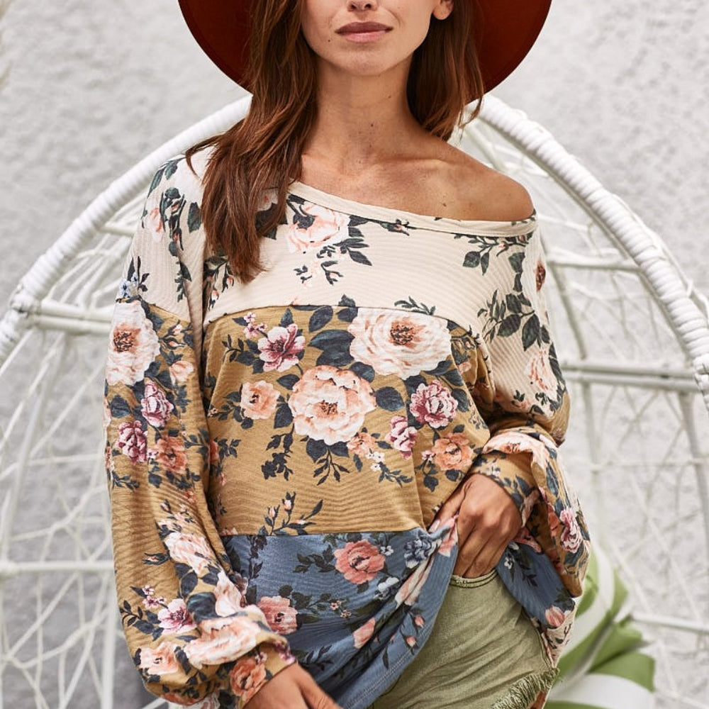 Floral Jacquard Color Block Top