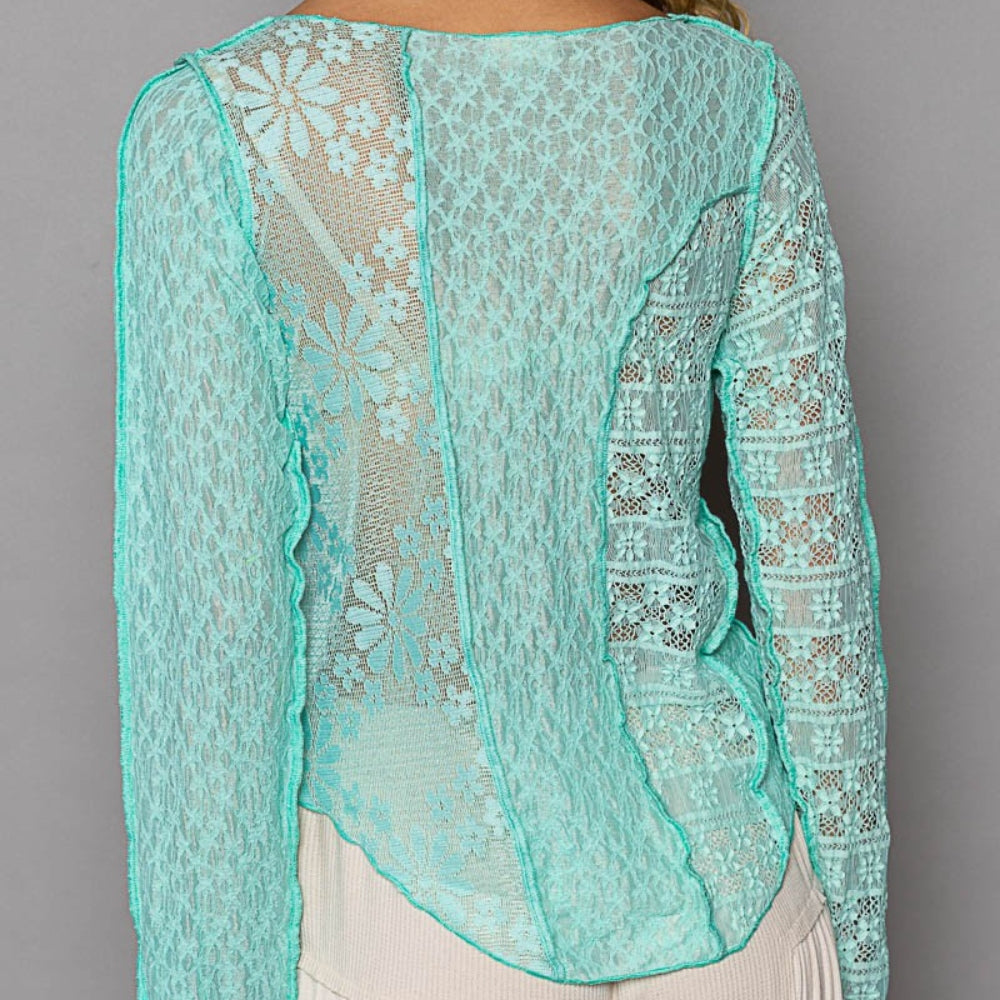 Exposed Seam Long Sleeve Lace Knit Top