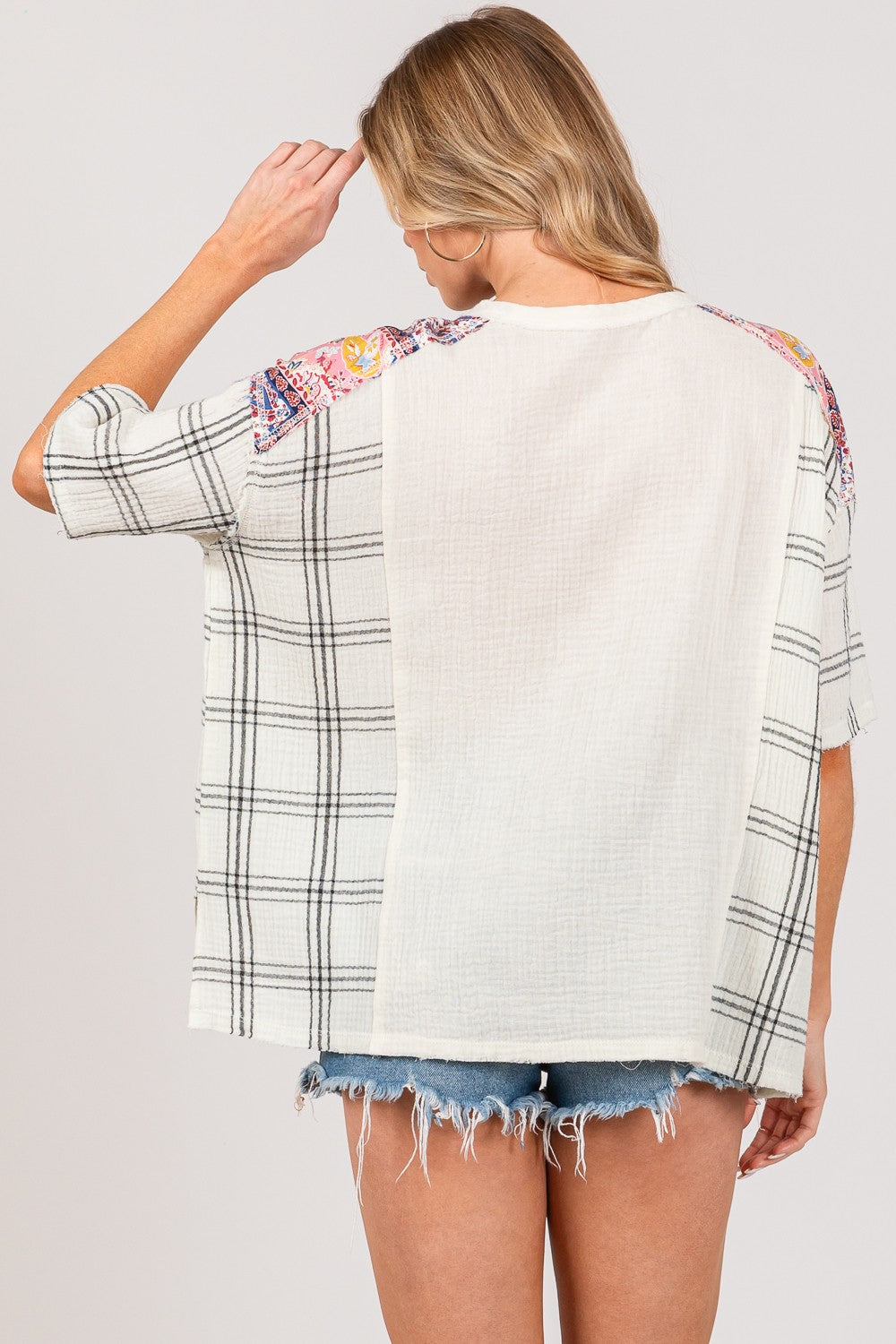 Plaid Half Button Gauze Top