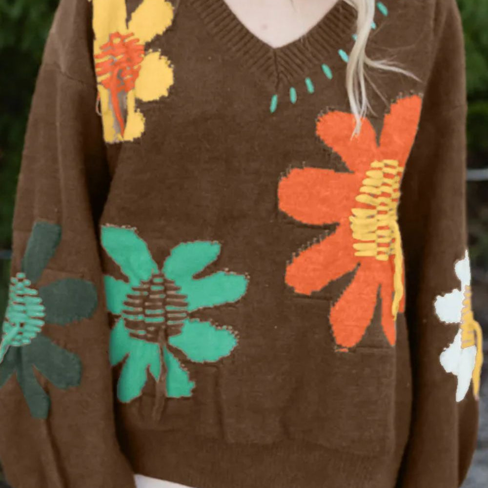 
                      
                        Flower V-Neck Dropped Shoulder Sweater
                      
                    