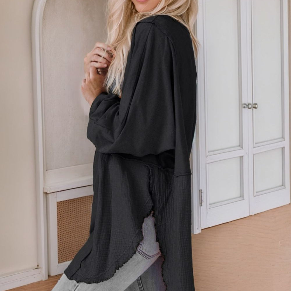 
                      
                        Contrast Texture Round Neck Long Sleeve Blouse
                      
                    