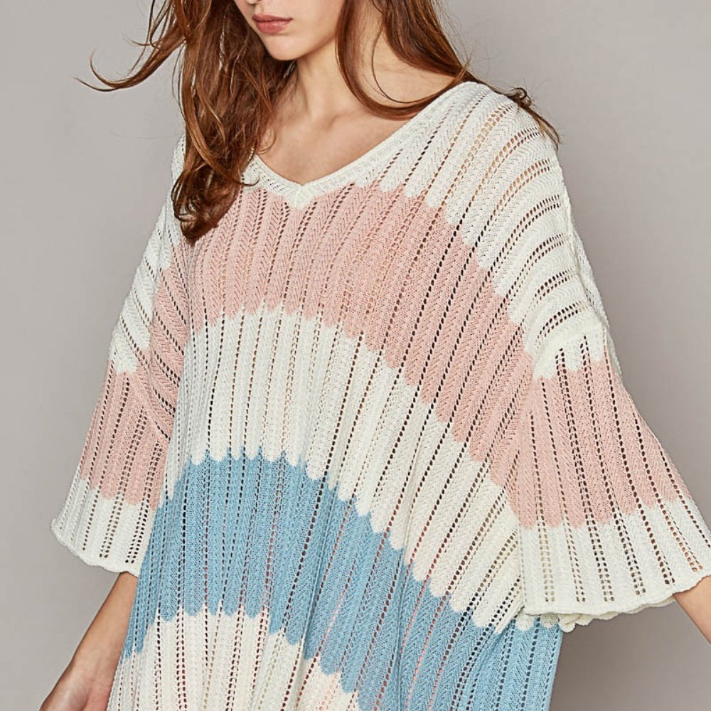 
                      
                        V-Neck Short Sleeve Stripe Weave Sweater
                      
                    