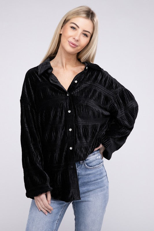 
                      
                        Wrinkle Effect Tiered Shirring Velvet Shirt
                      
                    