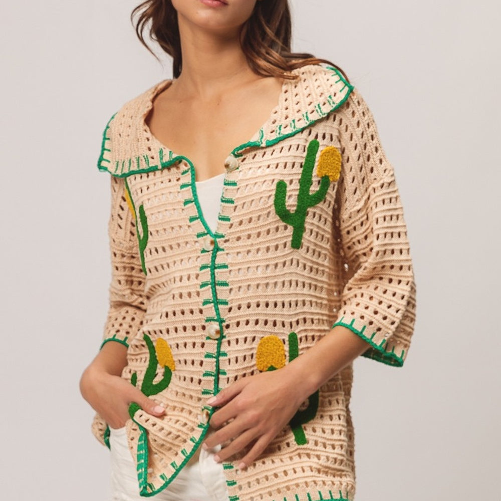 
                      
                        Edge Stitched Cactus Patch Sweater Cardigan
                      
                    