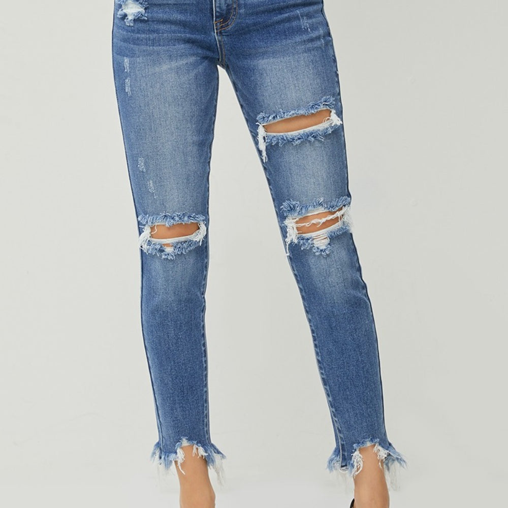 RISEN Distressed Frayed Hem Slim Jeans