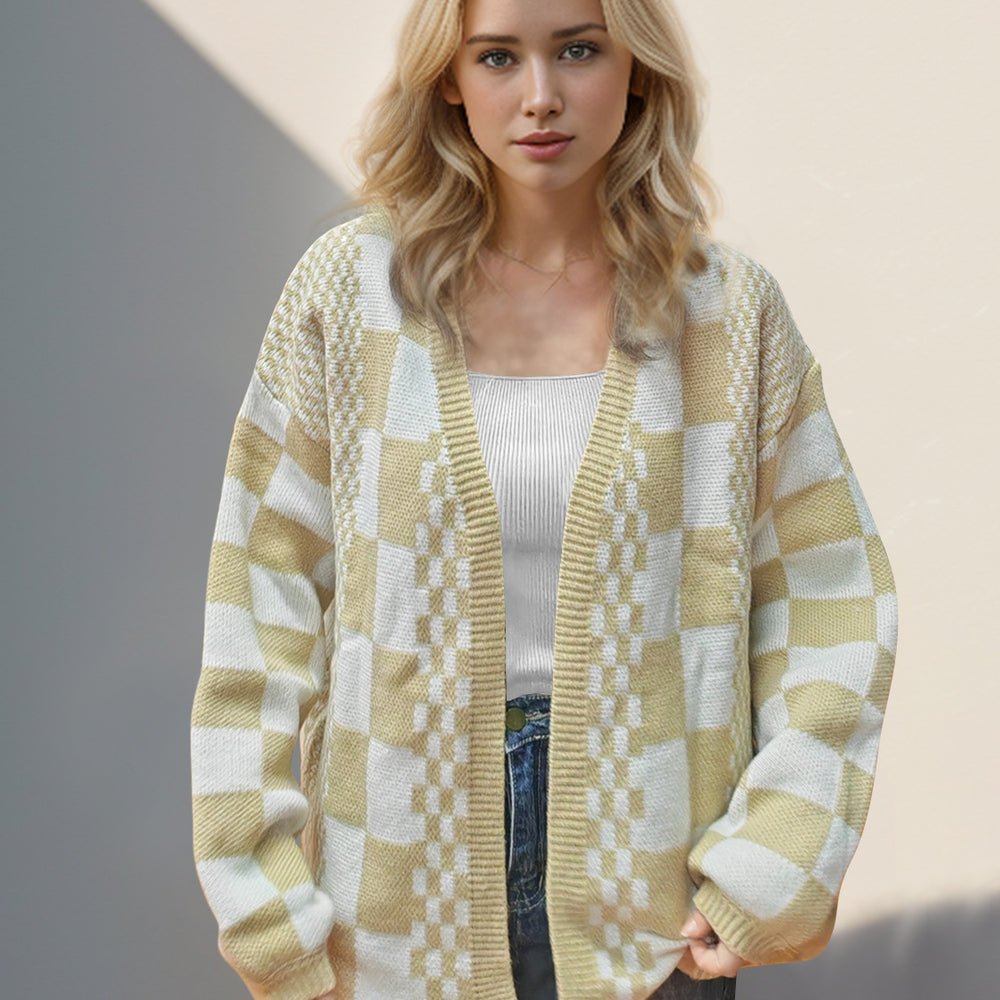 
                      
                        Checkered Open Front Dropped Shoulder Cardigan
                      
                    