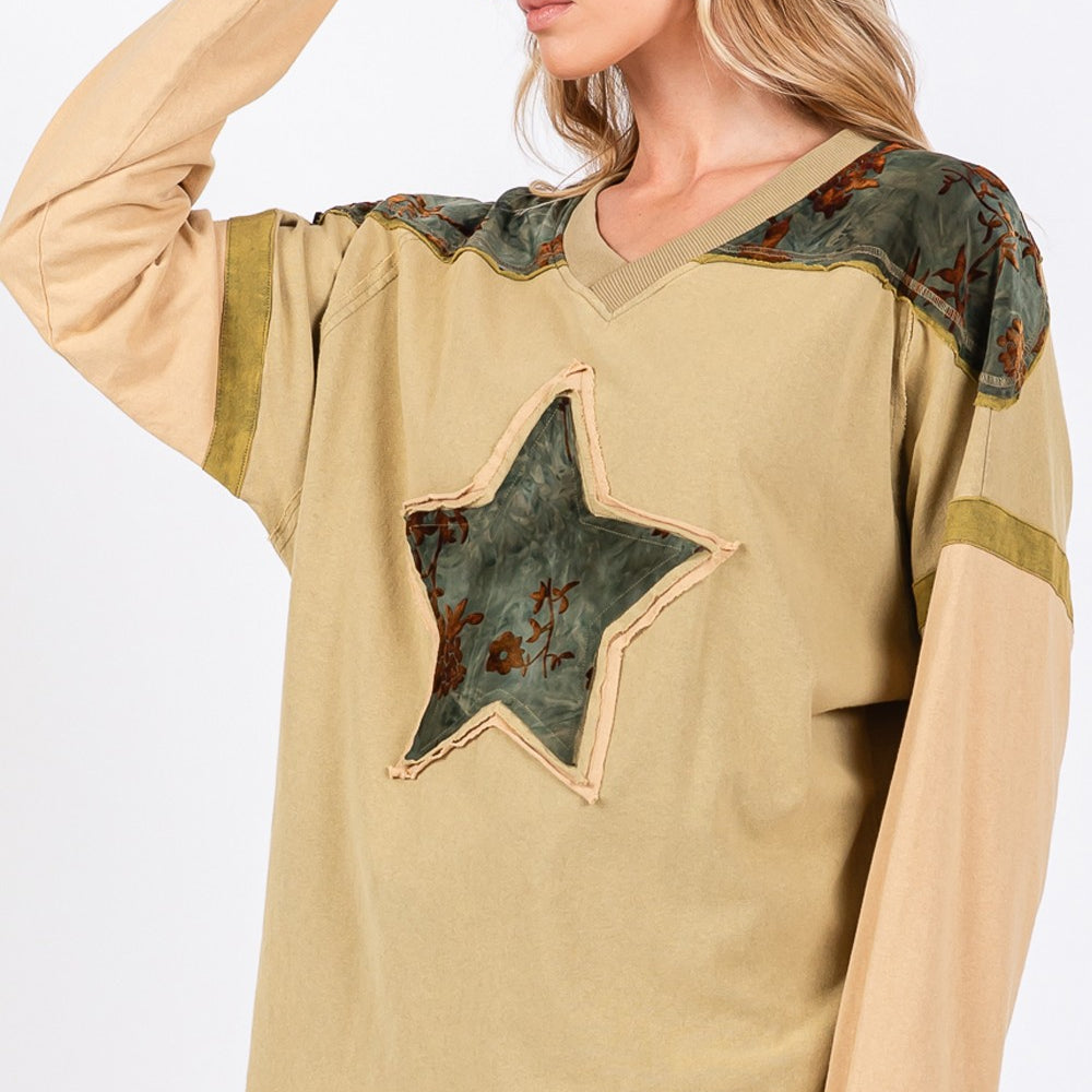 
                      
                        Star Patch Long Sleeve Color Block T-Shirt
                      
                    