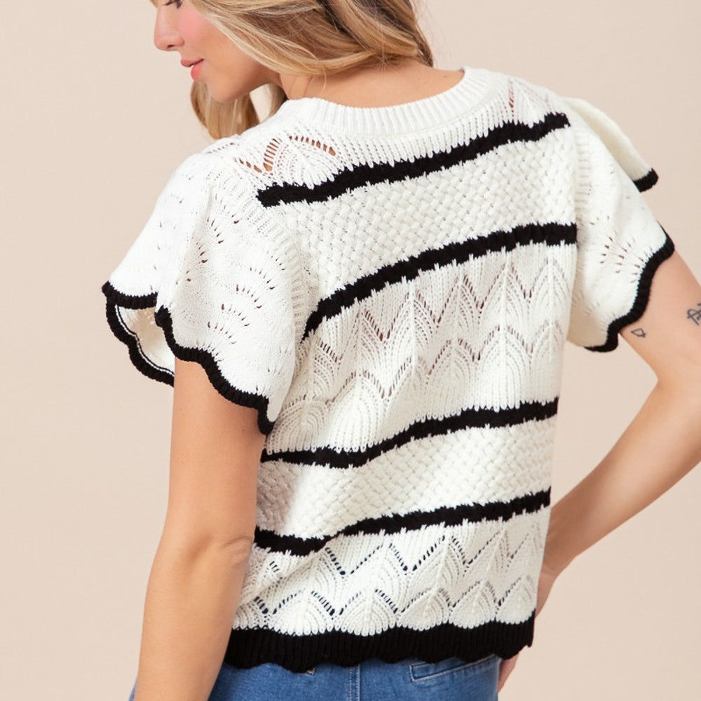 Pointelle Contrast Striped Short Sleeve Knit Top