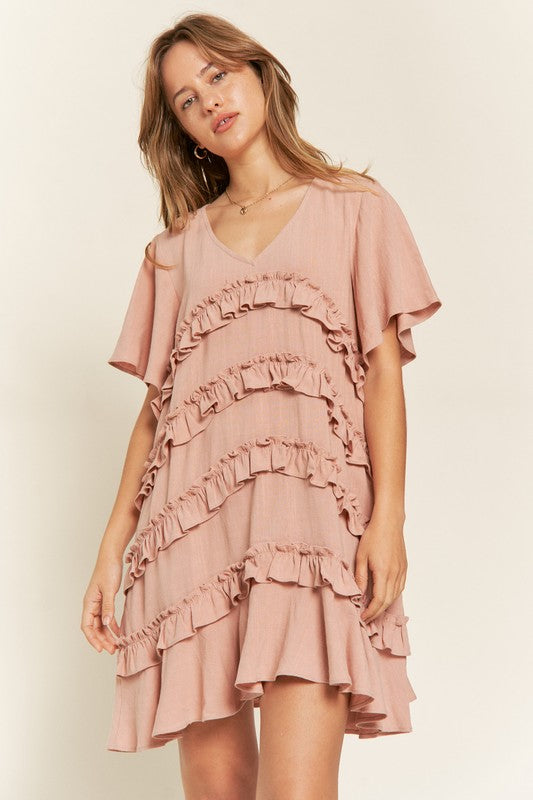 
                      
                        TIERED RUFFLE MINI DRESS
                      
                    