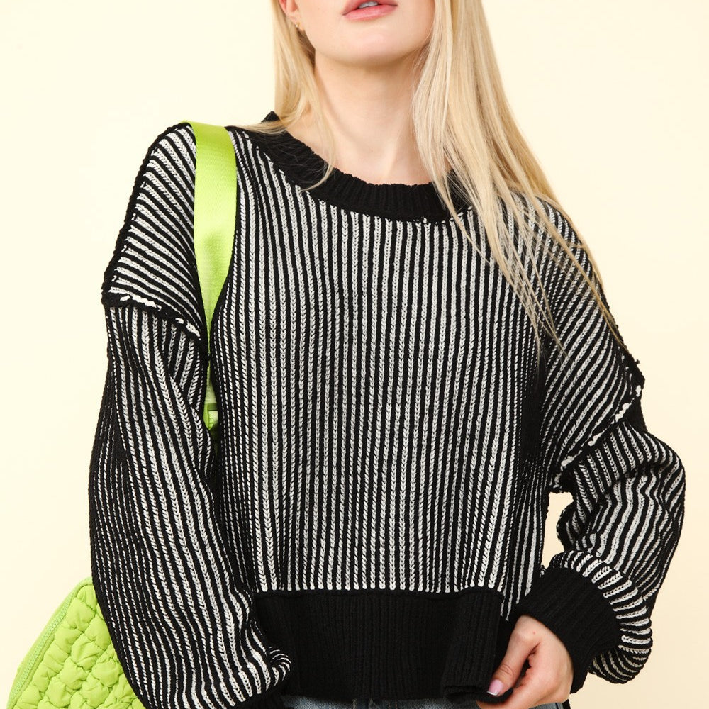 Exposed Seam Cropped Striped Slit Sweater