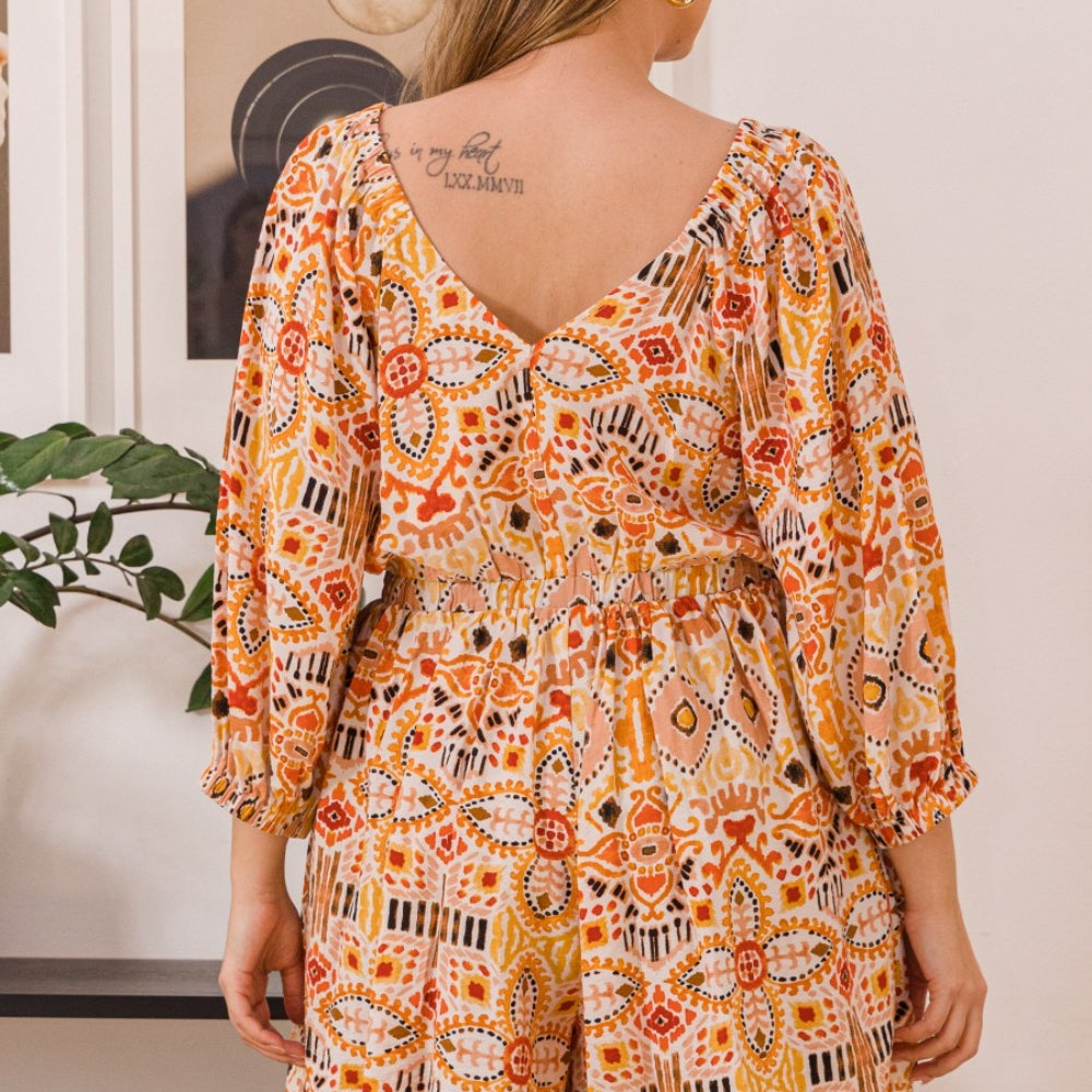 Printed Ruff Sleeve Romper with Pockets