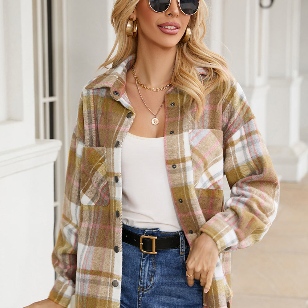 
                      
                        Snap Up Plaid Collared Neck Jacket with Pocket
                      
                    