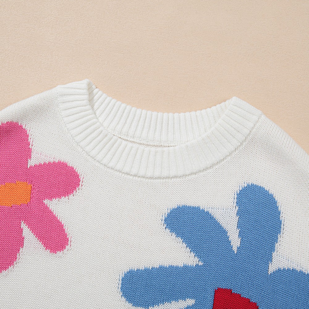 
                      
                        Flower Round Neck Dropped Shoulder Sweater
                      
                    