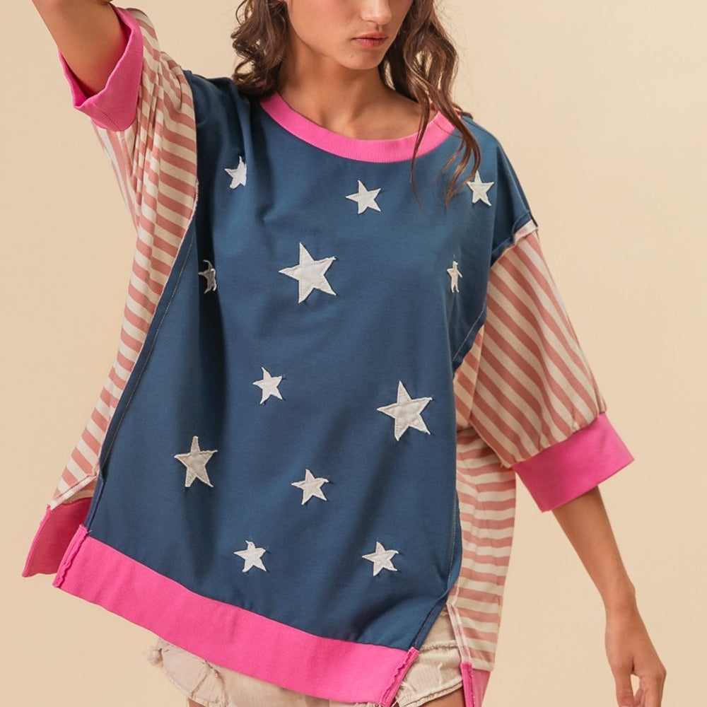 
                      
                        US Flag Theme Color Block Star Patch T-Shirt
                      
                    