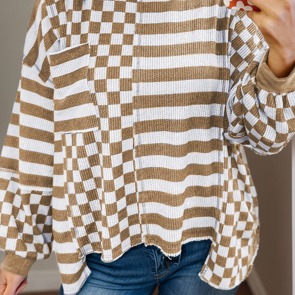 Checker & Stripes Round Neck Long Sleeve Blouse