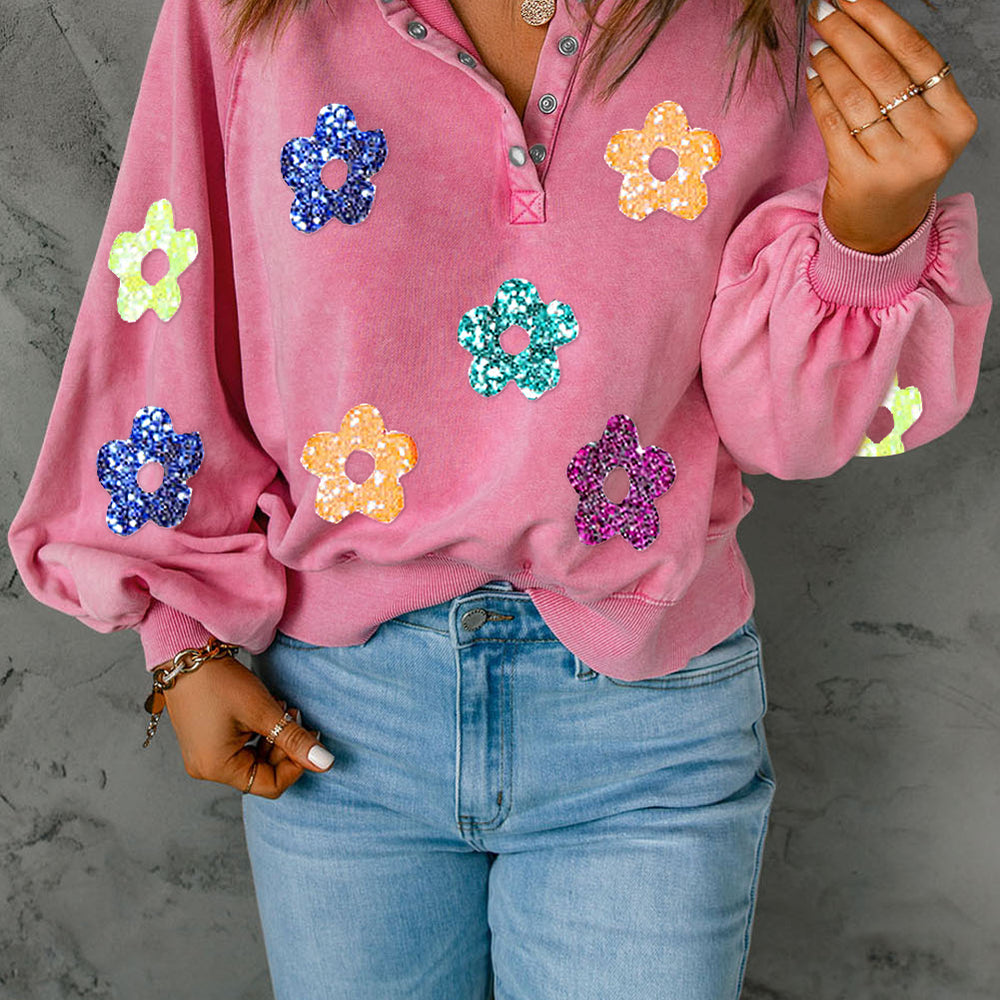 Sequin Flower Half Snap Lantern Sleeve Sweatshirt