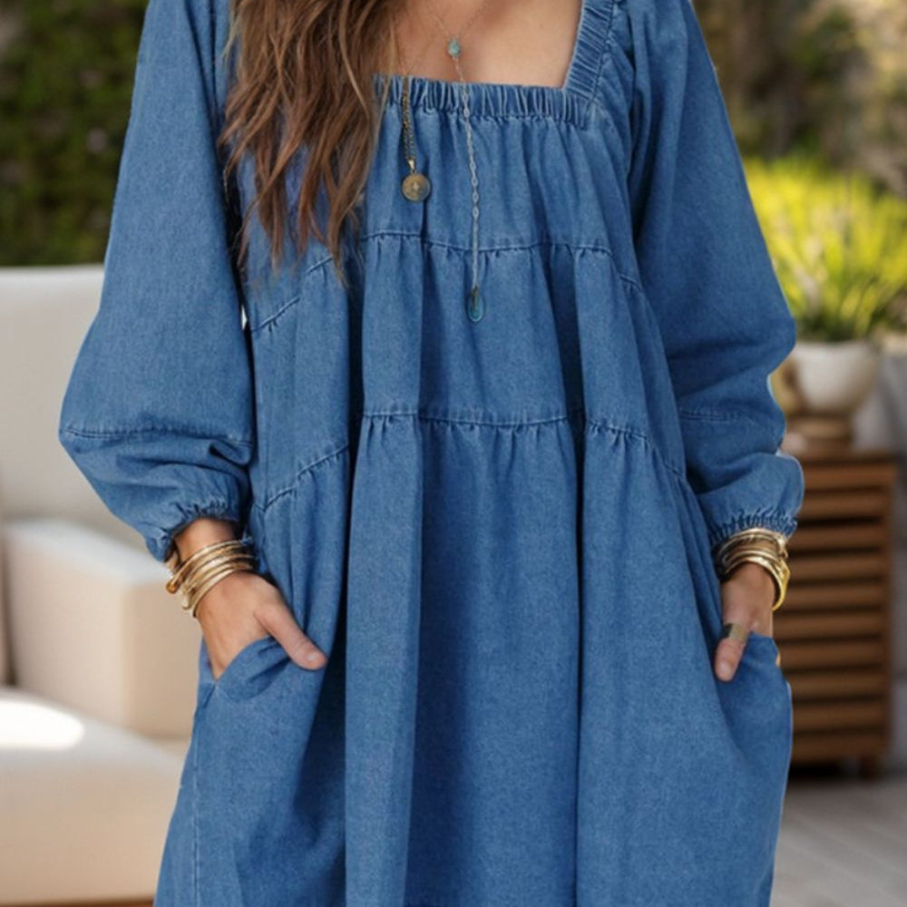 Tied Square Neck Long Sleeve Denim Dress with Pockets