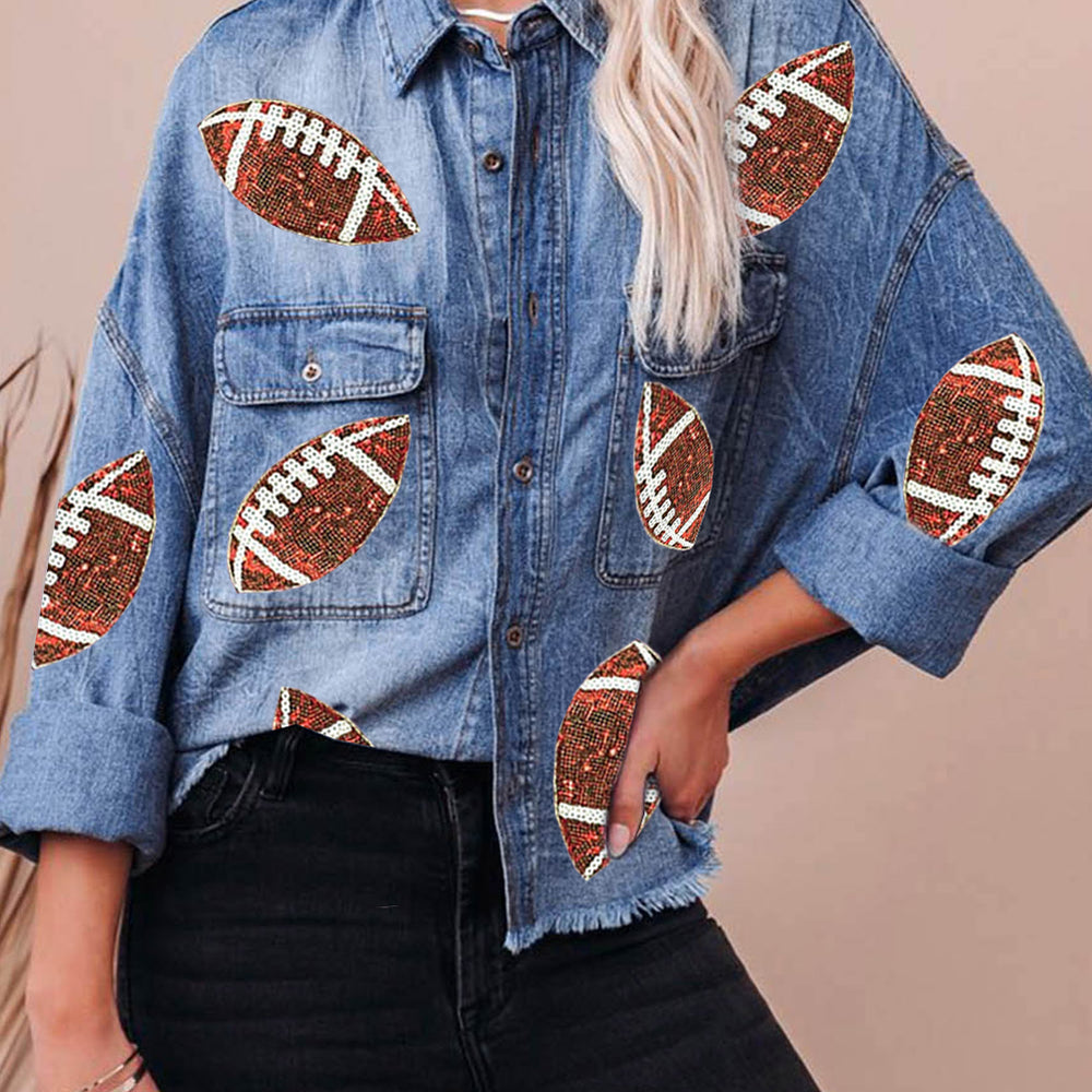 
                      
                        Raw Hem Sequin Football Long Sleeve Denim Jacket
                      
                    