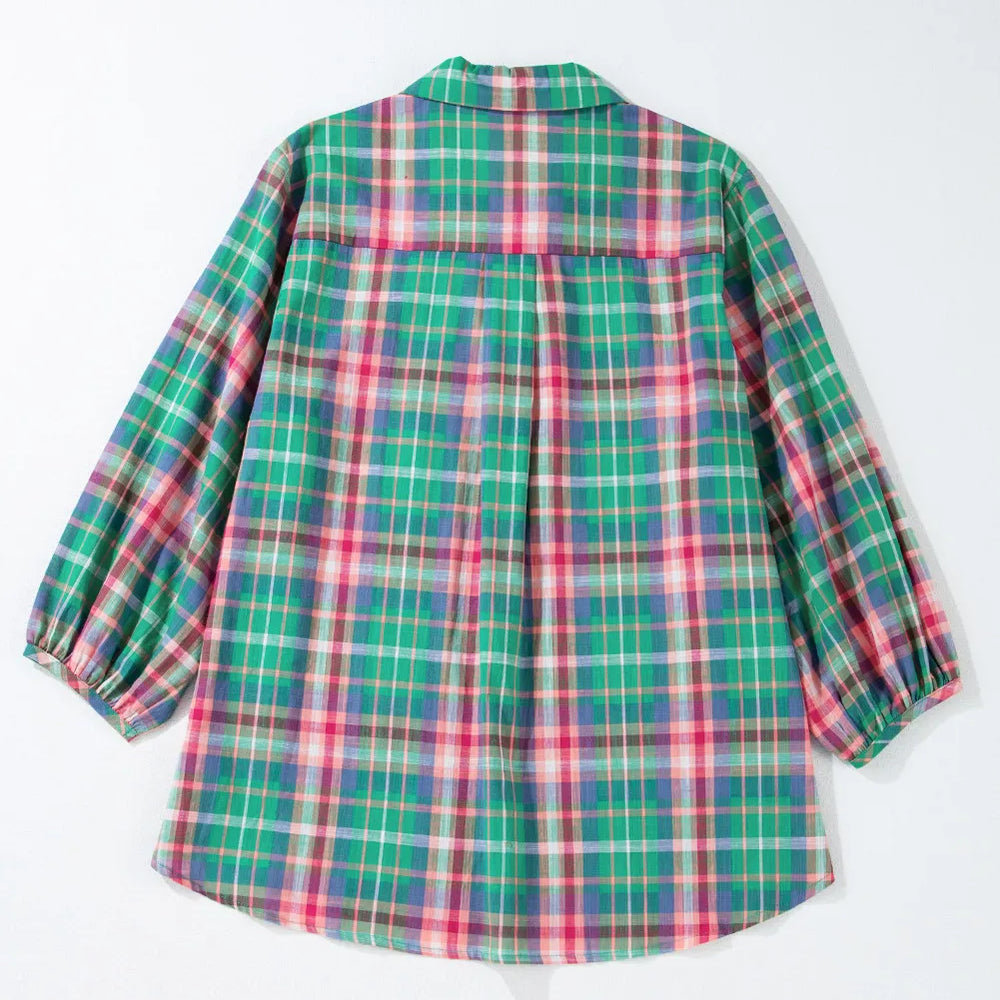 
                      
                        Plaid Collared Neck Three-Quarter Sleeve Blouse
                      
                    