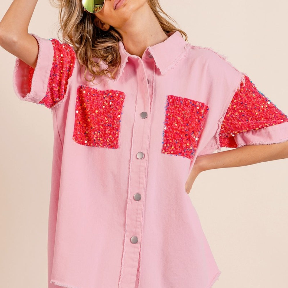 Sequin Detail Raw Hem Short Sleeve Shirt