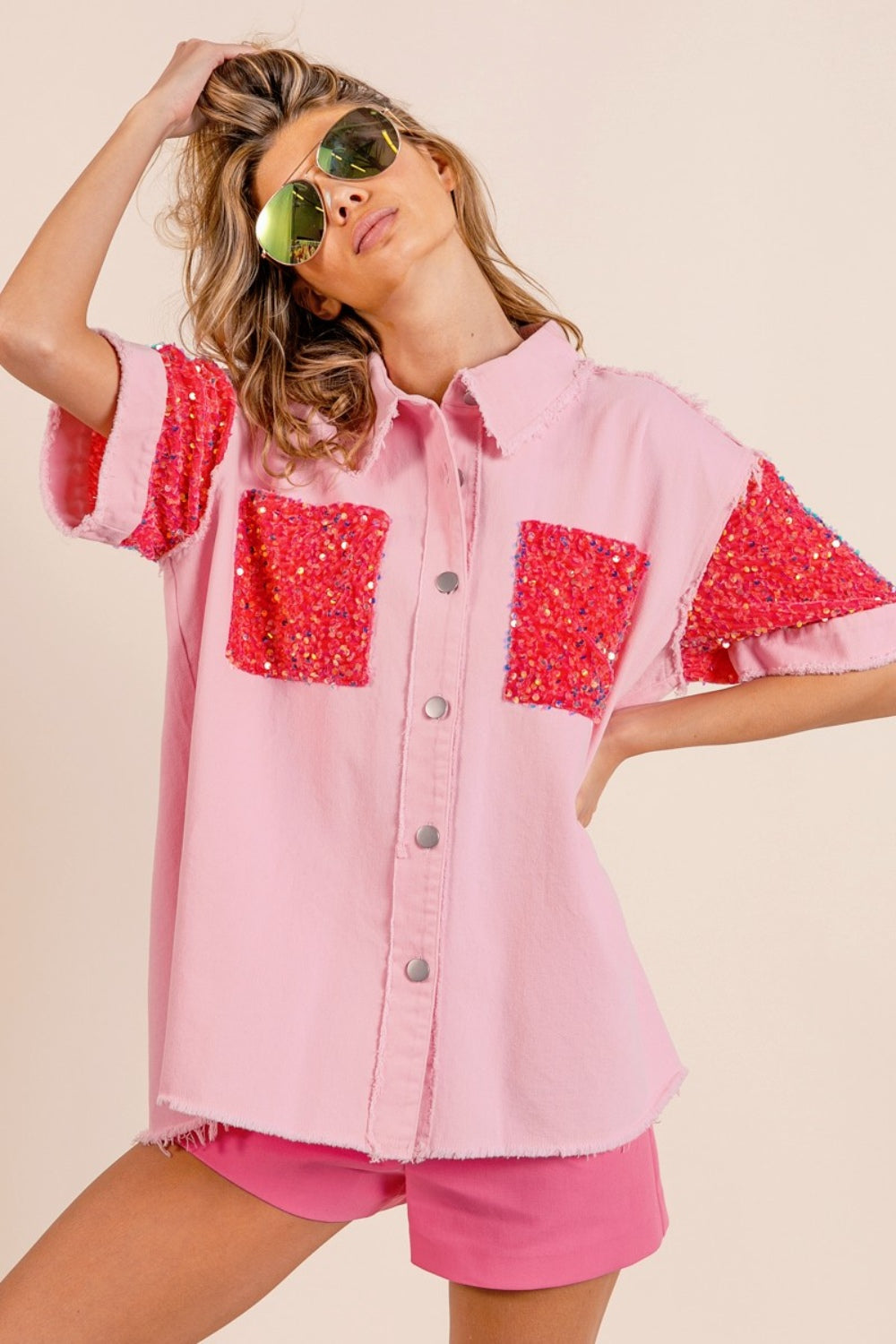 Sequin Detail Raw Hem Short Sleeve Shirt