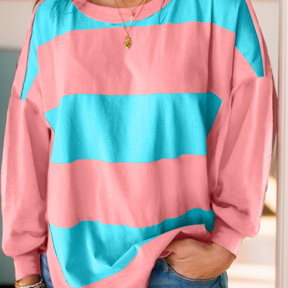 Color Block Round Neck Long Sleeve Top