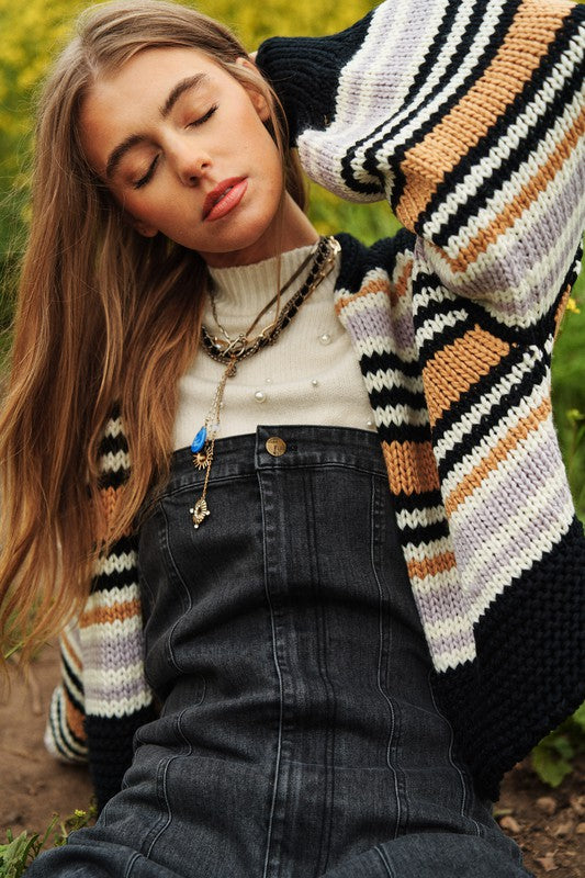 
                      
                        Chunky Knit Multi-Striped Open Sweater Cardigan
                      
                    