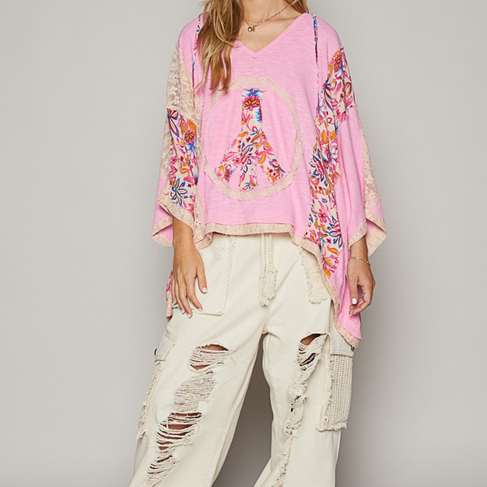 
                      
                        V-Neck Floral Print Peace Patch Lace Hooded Top
                      
                    