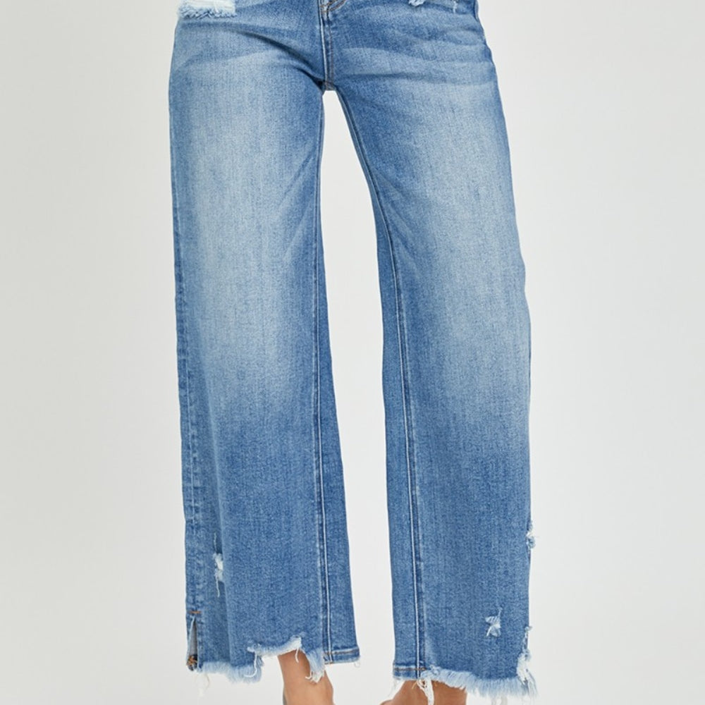 
                      
                        Risen High Rise Side Slit Raw Hem Cropped Jeans
                      
                    