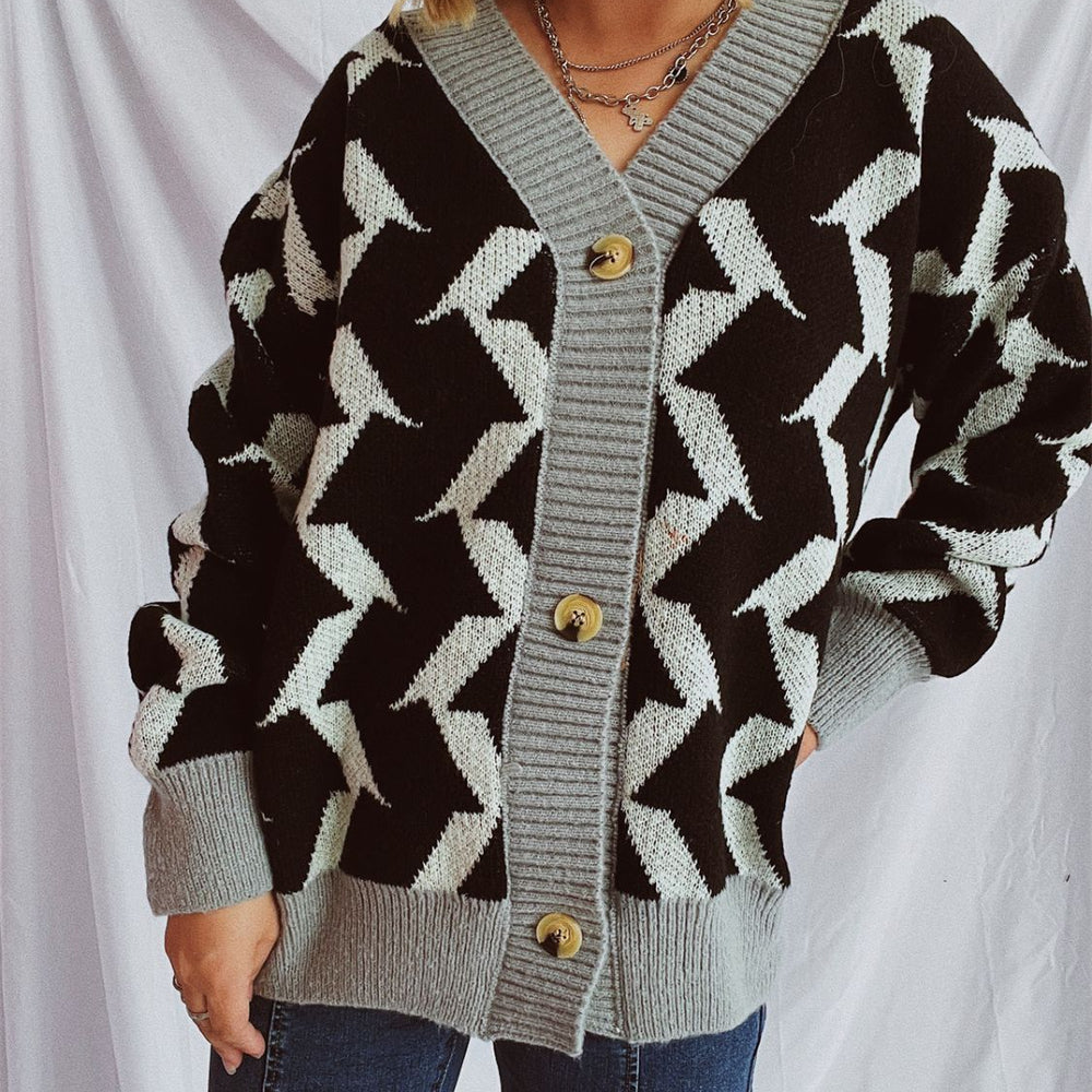 
                      
                        Contrast Trim Geometric V-Neck Long Sleeve Cardigan
                      
                    