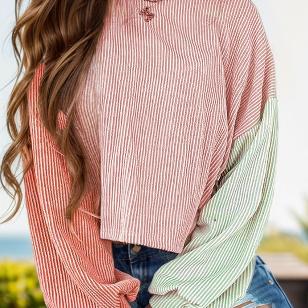 Color Block Round Neck Long Sleeve Top