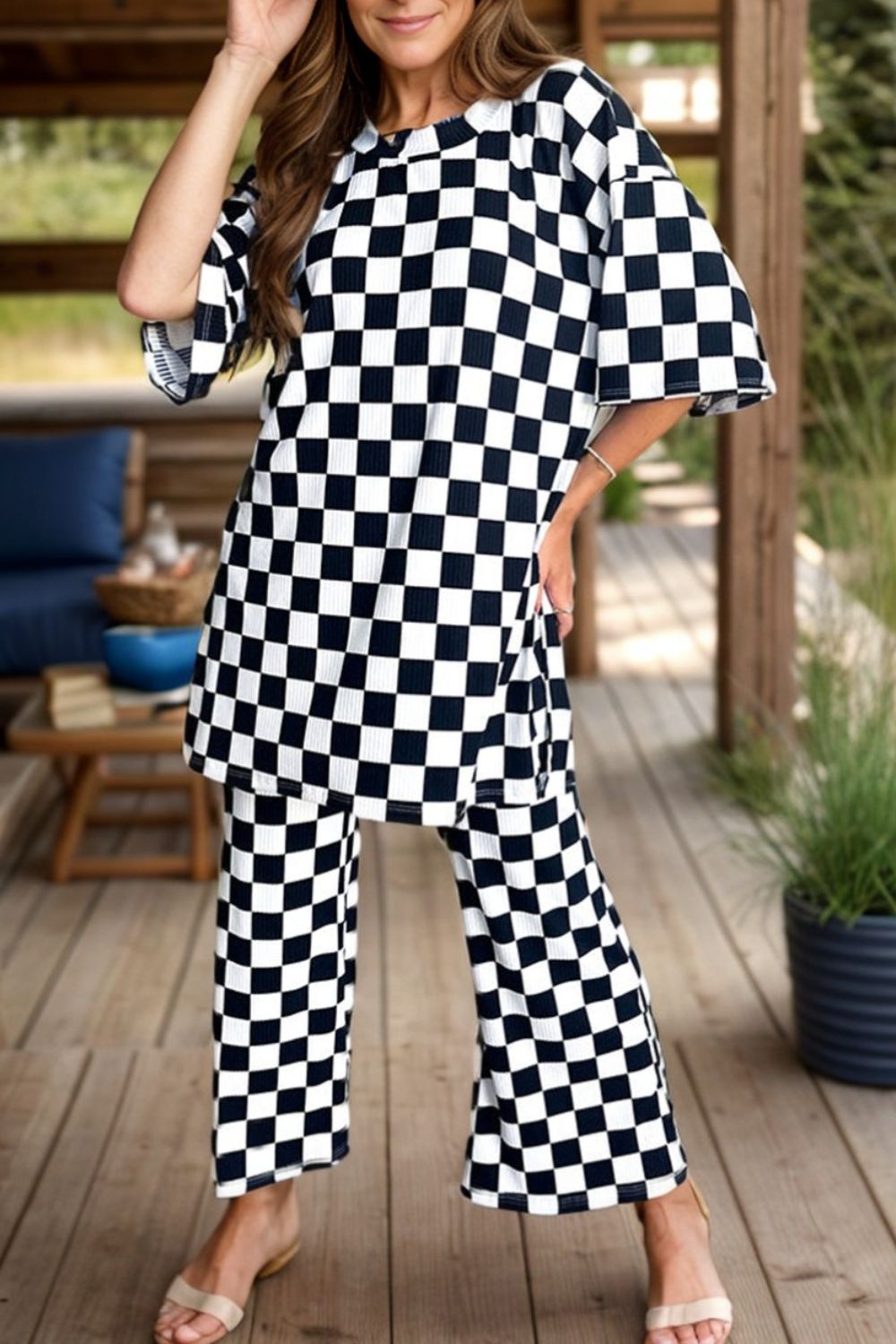 Checkered Round Neck Half Sleeve Top and Pants Set